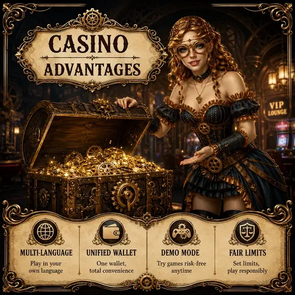 VinciSpin Casino Features hervorgehoben, während eleganter Spieler Schatztruhe der Vorteile öffnet